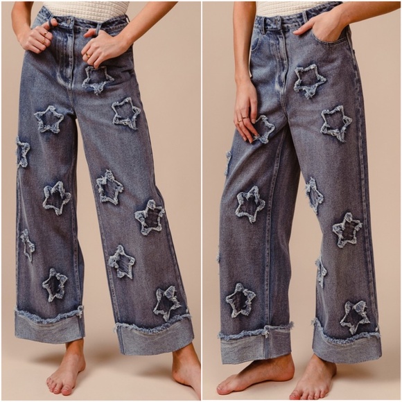 Bibi Dark Wash Star Frayed patch straight Leg Denim Jeans - Picture 1 of 4
